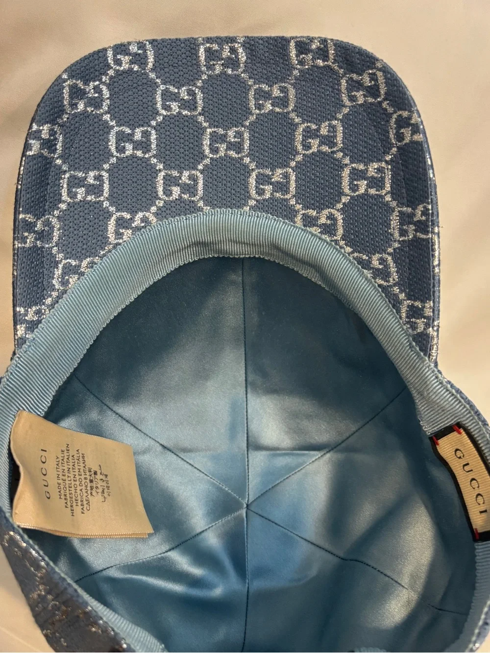 Gucci Blue Silver Metallic GG Canvas Baseball Hat, Like New 🔥